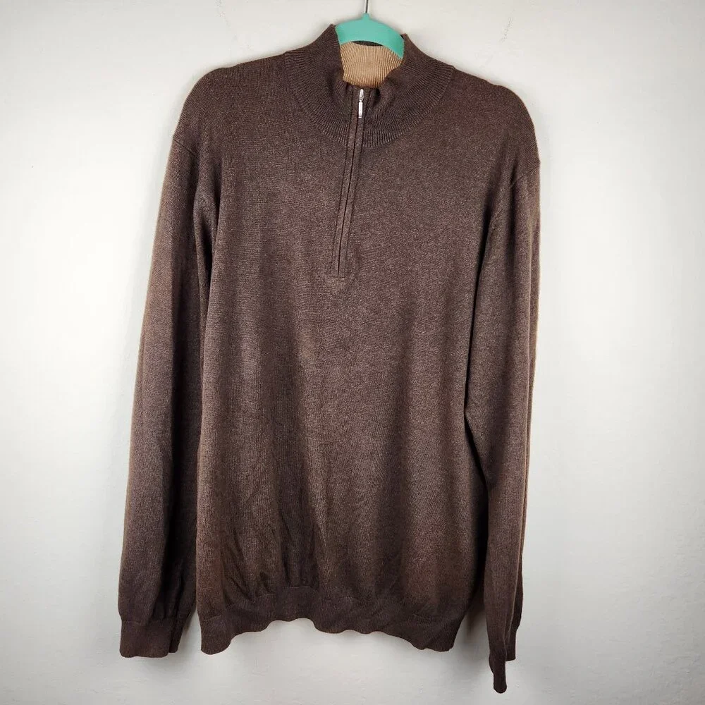 J. Hilburn Brown Cotton Silk Cashmere Half Zip Knit Sweater sz LT Flawed